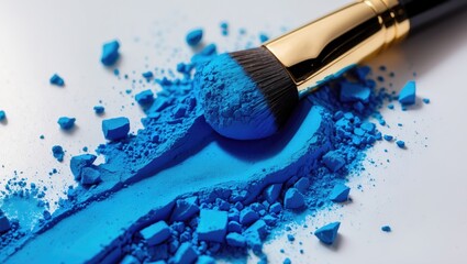 Eyeshadow Make-up. Close-up of crushed professional blue eye shadow and makeup brush. Bright colorful pigments of eyeshadows.