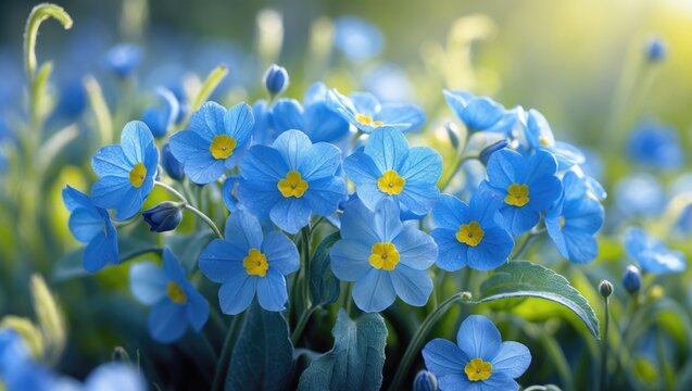 Forget-me-nots, spring floral background. Small blue flowers. Blooming wildflowers with blue petals on a sunny day close-up image.