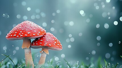   Red mushrooms on lush grass field with water droplets