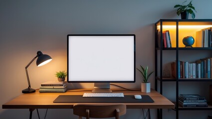 Blank computer desktop screen with a lamp and books on a wooden table next to a bookshelf.