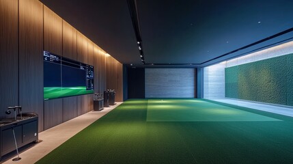 Modern indoor golf court with sleek tools and equipment, minimalist design, premium green carpet, digital swing analyzer, clean lighting