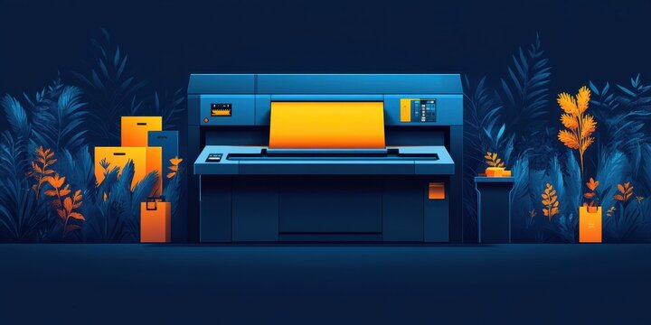 Close-up of an Advanced Large-Format Printer in a Studio Surrounded by Bold Orange and Blue Accent Plants and Boxes for Industrial Design Preview