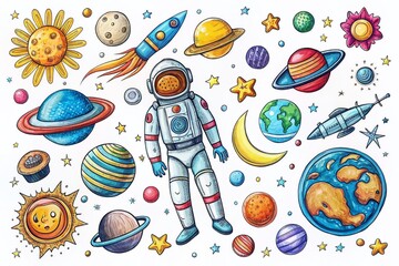 Hand-Drawn Space Doodle Set: Astronaut, Planets & Stars - Stock Photo