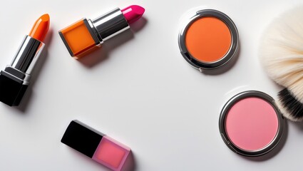 beauty cosmetic makeup arranged from above on a white surface