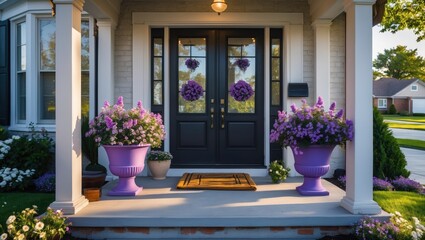 Entrance porch featuring a concrete floor adorned with flower pots.