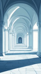 Naklejka premium Serene Perspective of Sunlit Arched Walkway with Intricate Stonework Showcasing Depth, Shadows, and Architectural Symmetry in a Tranquil Passageway