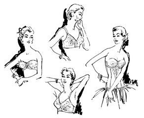 Beautiful Women Modeling Lingerie, Retro Vector Illustration Scalable to any Size