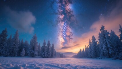 Fototapeta premium Fantastic winter landscape illuminated by starlight. Dramatic snowy scene featuring frosted trees and the Milky Way in the night sky.