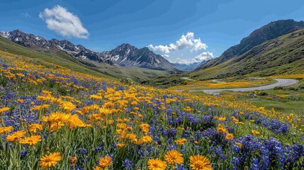 Fototapeta premium Vibrant wildflowers bloom in a mountain valley alongside a winding road under a bright blue sky.