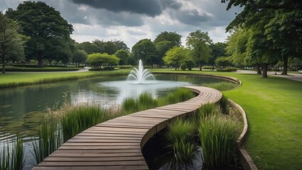 Fototapeta premium Fountain and man-made pond in the Park.