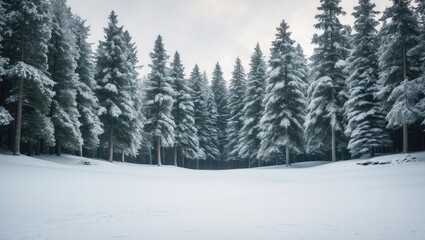 Fototapeta premium Spruce tree forest blanketed by fresh snow. The winter landscape is nearly duotone due to the contrast between the frosty spruce trees, white snow foreground, and overcast sky.