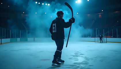 Naklejka premium a hockey player standing on the ice holding a stick and looking into the distance.