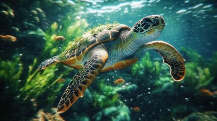 Obraz premium Sea turtle in underwater kelp forest
