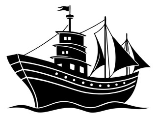 ship black silhouette vector, Simple silhouette Design vector icon with white background. Water transportation vector illustration 