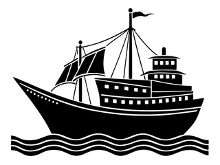 ship black silhouette vector, Simple silhouette Design vector icon with white background. Water transportation vector illustration 