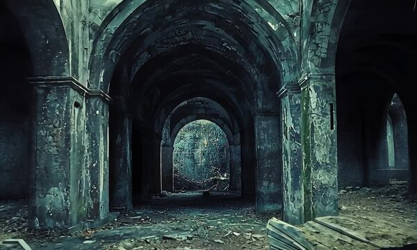 Dark, decaying church crypt hallway; overgrown exterior visible through the end arch; perfect for horror or mystery themes