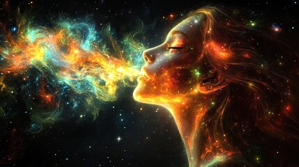 Cosmic woman exhales nebula in space