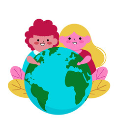 Ilustración. Día Mundial de la Tierra, planeta tierra, hojas y lindos niños, diseño sin fondo. © Gaby.Art