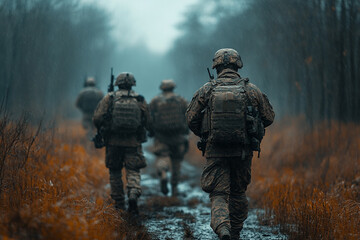 Soldiers navigate a muddy path through a forest
