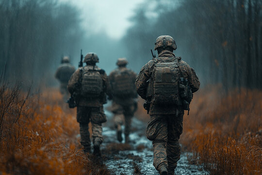Soldiers navigate a muddy path through a forest