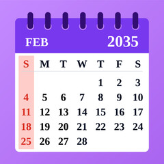 February 2035 Calendar Layout. Vector design with romantic elements, heart shapes, and warm colors. Flat style.