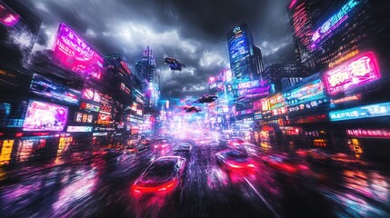 Fototapeta premium Cyberpunk Cityscape: Neon Dreamscapes and Futuristic Vehicles