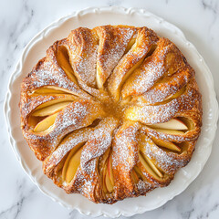 Croustade aux pommes pastry displayed elegantly on a white plate in a cozy kitchen setting, surrounded by warm, rustic décor