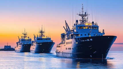 Obraz premium Vessels Navigating Calm Waters at Dusk