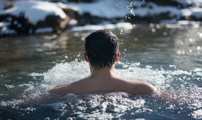 Single person immersed in cold water doing a cold water plunge outdoors in nature for health benefits