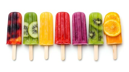 Colorful Fruit Popsicles Isolated on White Background