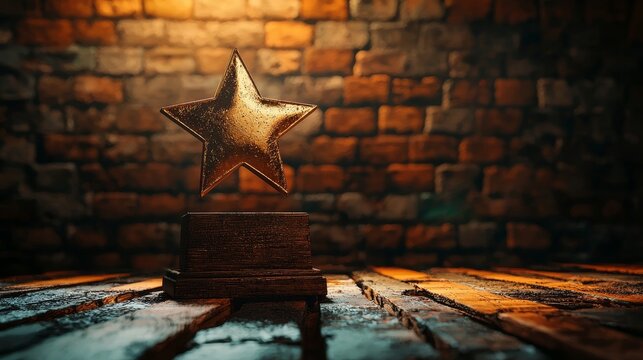 Smoky textured brick wall with dynamic lighting, golden star award trophy glistening on a rustic wooden table, dramatic shadows, ultra-realistic, cinematic lighting