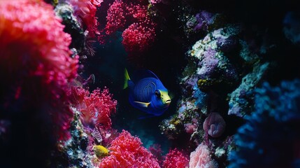 Fototapeta premium A single blue tang fish exploring colorful coral caves, illuminated by soft ambient lighting with fine details on the fish's textured scales
