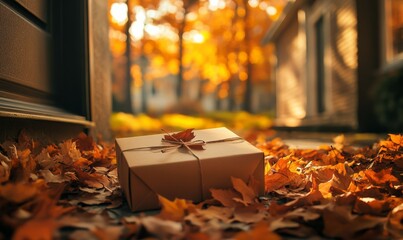 simple package sits on doorstep, surrounded by vibrant autumn leaves, evoking warm and inviting atmosphere. scene captures essence of fall season