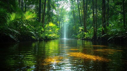 Obraz premium Sunlit stream in lush green rainforest.