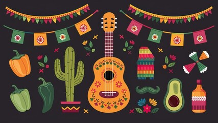 Colorful mexican fiesta elements with guitar, cactus, banners, and peppers celebrating cinco de mayo, mexican culture
