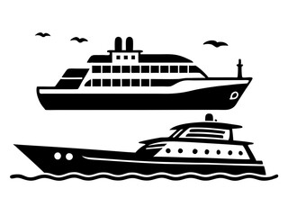 Obraz premium yacht and ferry black silhouette vector, Simple silhouette Design vector icon with white background. Water transportation vector illustration 