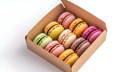 Colorful Macaron in paper box on white