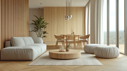 A cozy, modern living room with light wood flooring and floor-to-ceiling windows