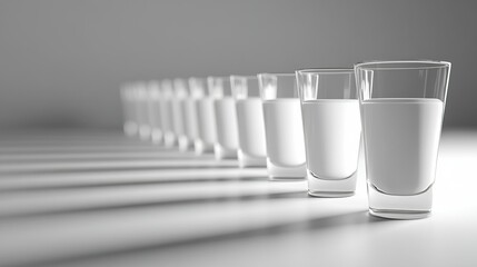 Row of milk glasses casting long shadows on white surface.
