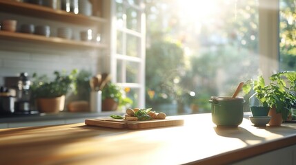 Bright kitchen scene with fresh ingredients on a wooden counter, sunlight streaming through windows
