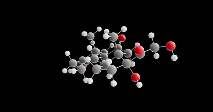 Cortisone molecule, rotating 3D model of steroid hormone, looped video on a black background