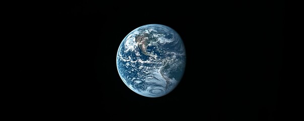 Obraz premium Earth floating in space, distant view on a black background.