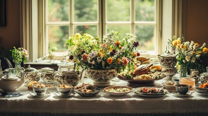 Elegant table setting with floral centerpieces and assorted dishes by window light.
