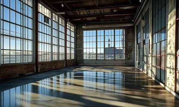 Sunlit industrial loft space, city view, polished concrete floor, event venue