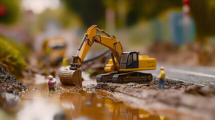 Realistic Miniature Scene of an Excavator and Construction Workers at a Job Site