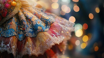 Vibrant festival attire against a bokeh light background.