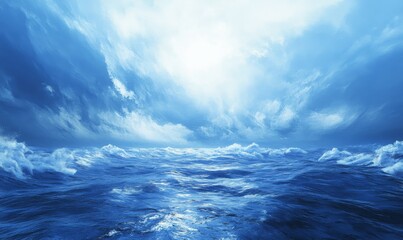 The ocean waves display their full beauty in a stunning blue setting with sunlight, natural wonder, blue sea, ocean waves crashing