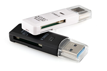 Two USB card reader white and black isolated on white background.