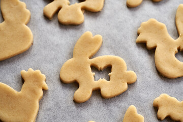 Bunny and chicken shapes cut out in raw pastry dough - preparation of Linzer Easter cookies