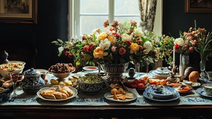 Elegant floral banquet table with vintage dinnerware and fresh fruits.
